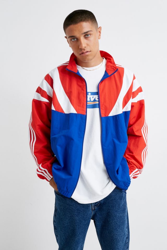 Adidas red store and blue jacket