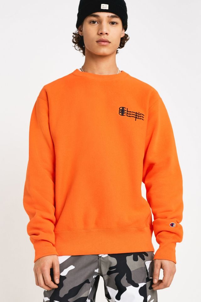 Champion UO Exclusive Triple Logo Orange Black Crew Neck Sweatshirt