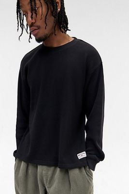 BDG Schwarzes Waffelstrick-Sweatshirt mit Rundhalsausschnitt