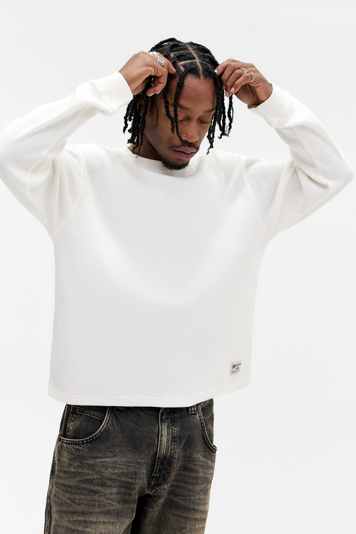 BDG Ecru Plain Long Sleeve Waffle T-Shirt