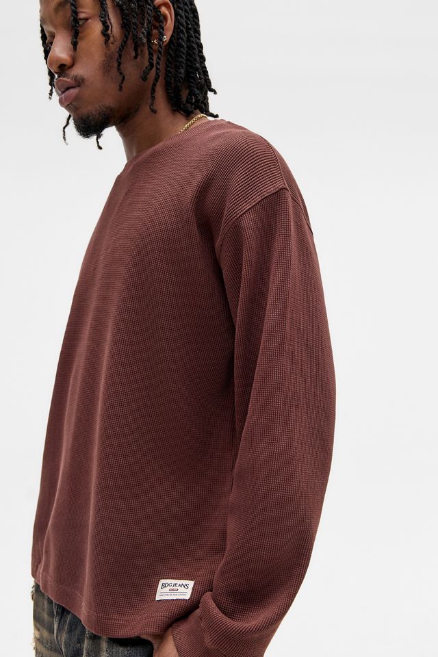 BDG Brown Plain Long Sleeve Waffle T-Shirt #1