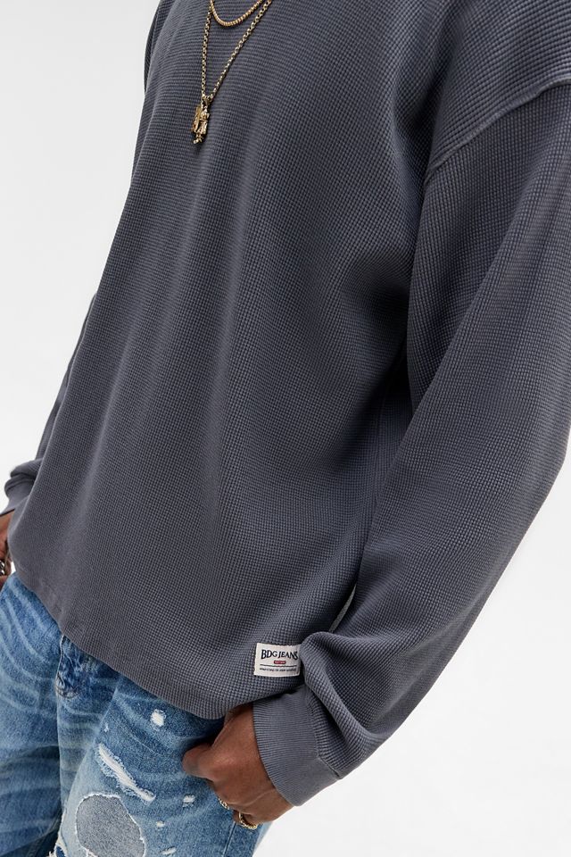 BDG Dark Grey Plain Long Sleeve Waffle T-Shirt #1