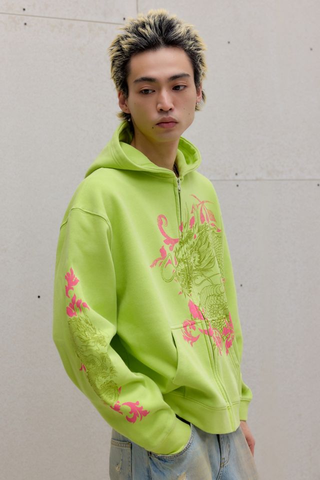 Sweat à capuche zippé UO motif dragon vert lime et floral #1