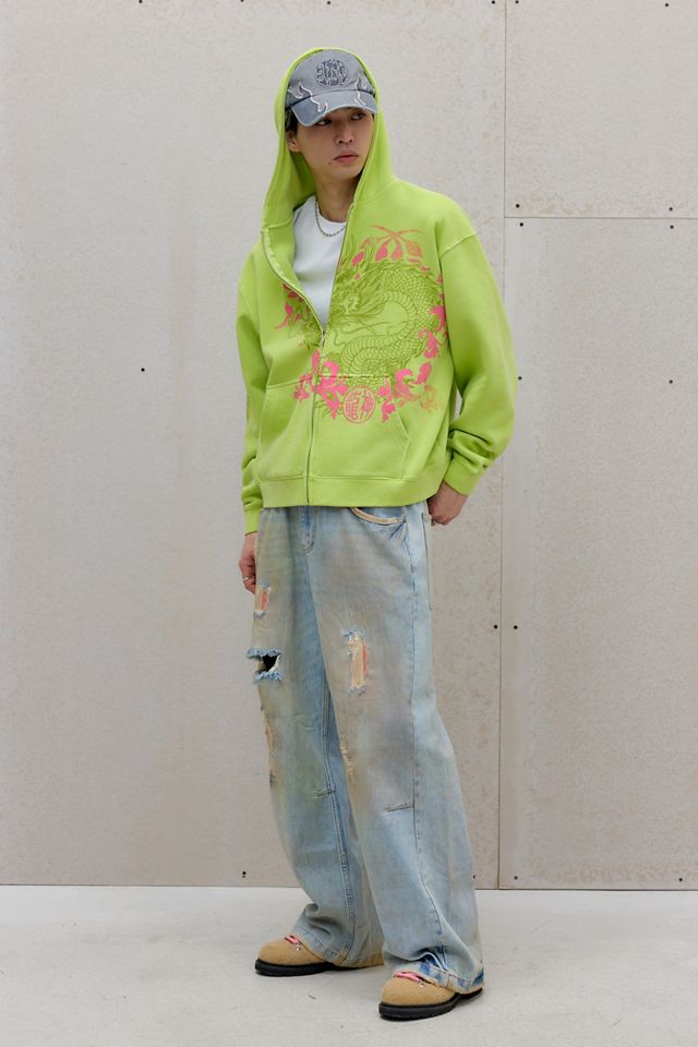 Sweat à capuche zippé UO motif dragon vert lime et floral #2