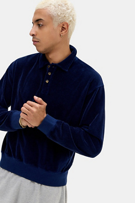 iets frans. Navy Velour Mockneck Polo - Navy S at Urban Outfitters