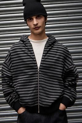 Archivis Schwarz & Grau Gestreifter Zip-Up Kapuzenpullover