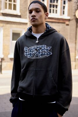 iets frans... Washed Black Check Appliqué Zip-Through Hoodie