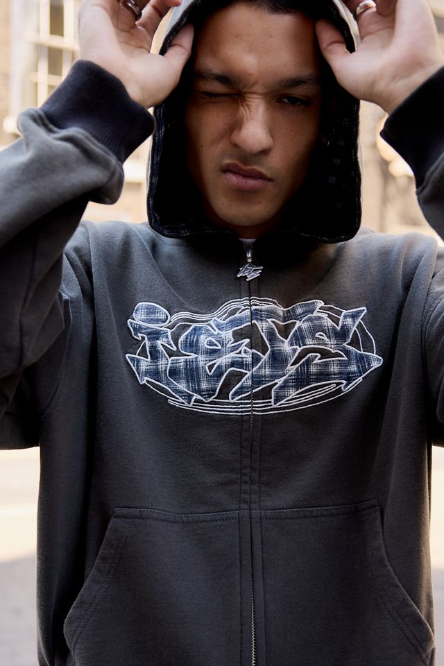iets frans... Washed Black Check Appliqué Zip-Through Hoodie #1