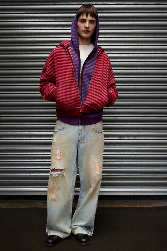 Archivis Rot & Burgunder Gestreifter Zip-Through Kapuzenpullover #1