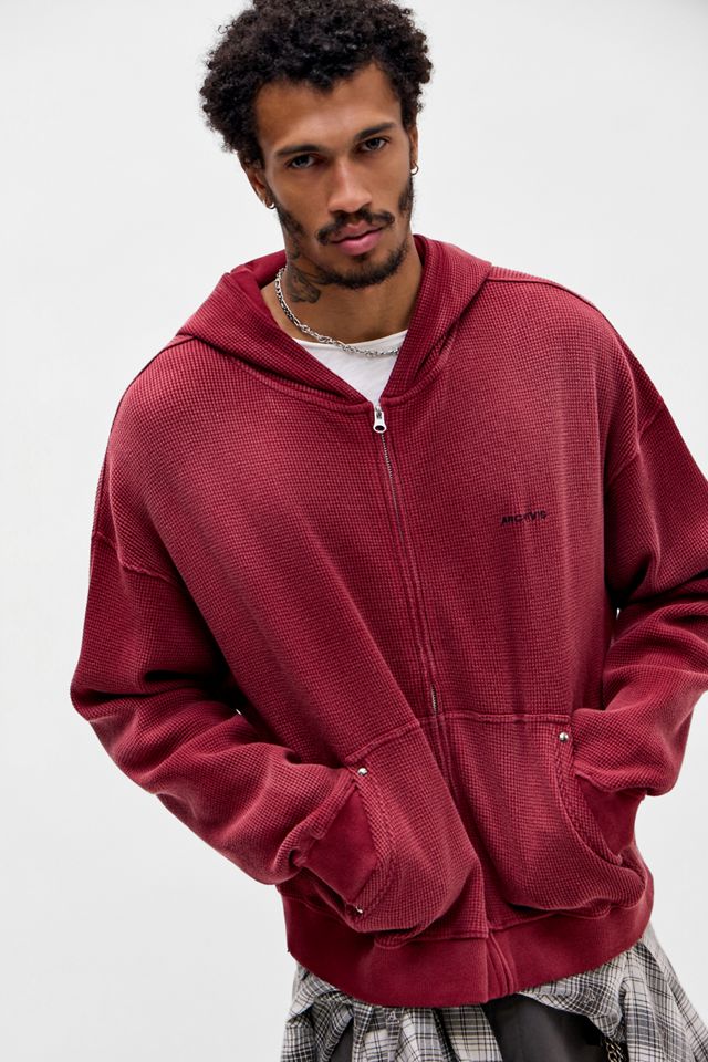 Archivis Red Waffle Eye Zip-Through Graphic Hoodie #1