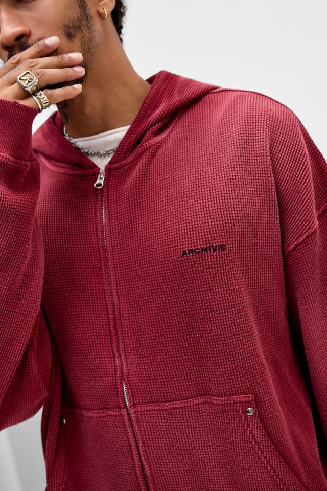 Archivis Red Waffle Eye Zip-Through Graphic Hoodie #3