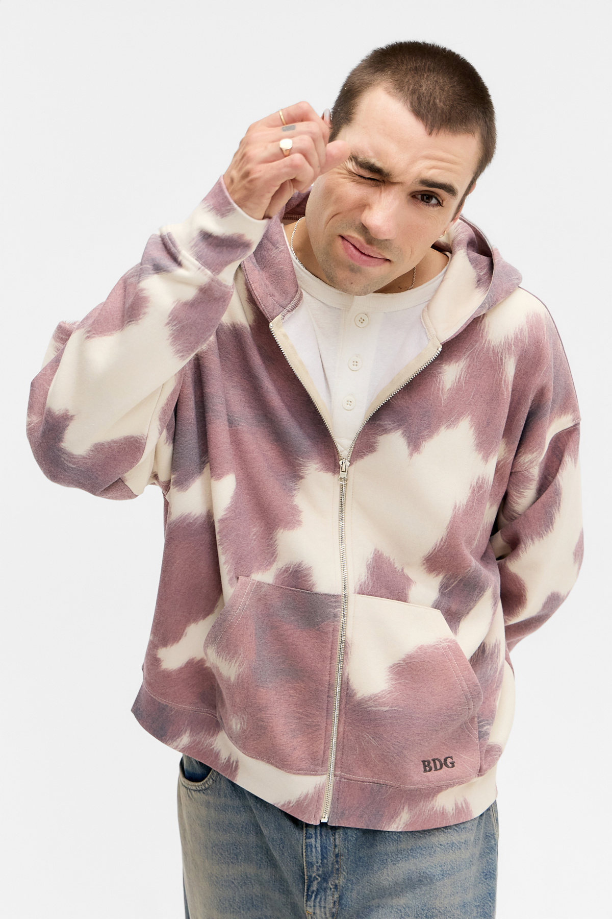 BDG Cow Print Zip Hoodie