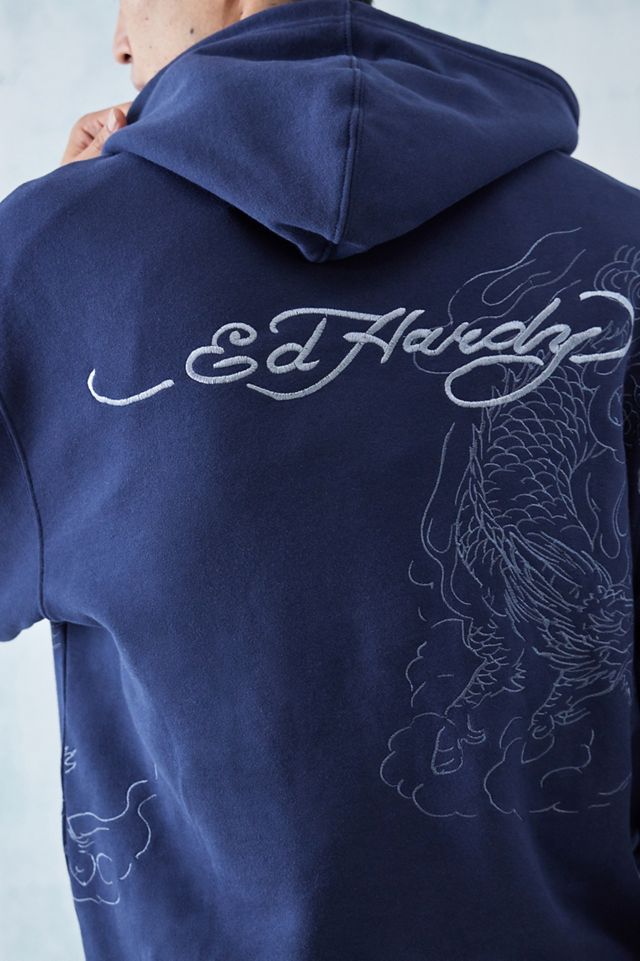 Ed Hardy - Sweat à capuche avec motif dragon brodé bleu, exclusivité UO #1