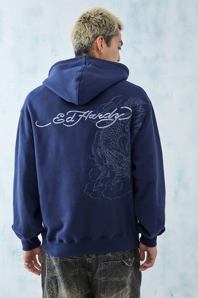 Ed Hardy - Sweat à capuche avec motif dragon brodé bleu, exclusivité UO #2