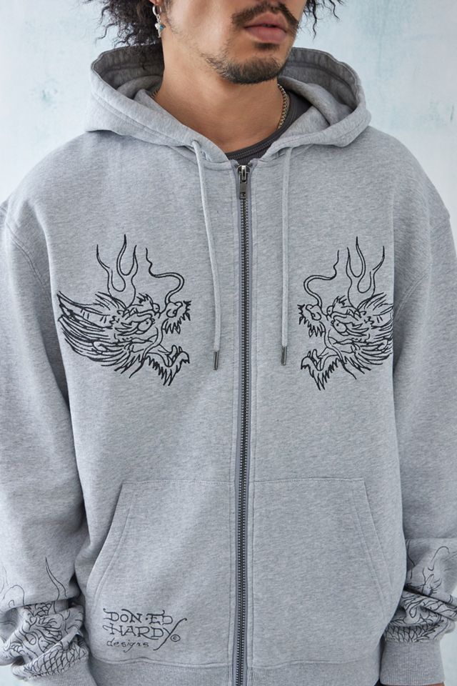 Ed Hardy - Sweat à capuche zippé à motif dragon gris chiné, exclusivité UO #3