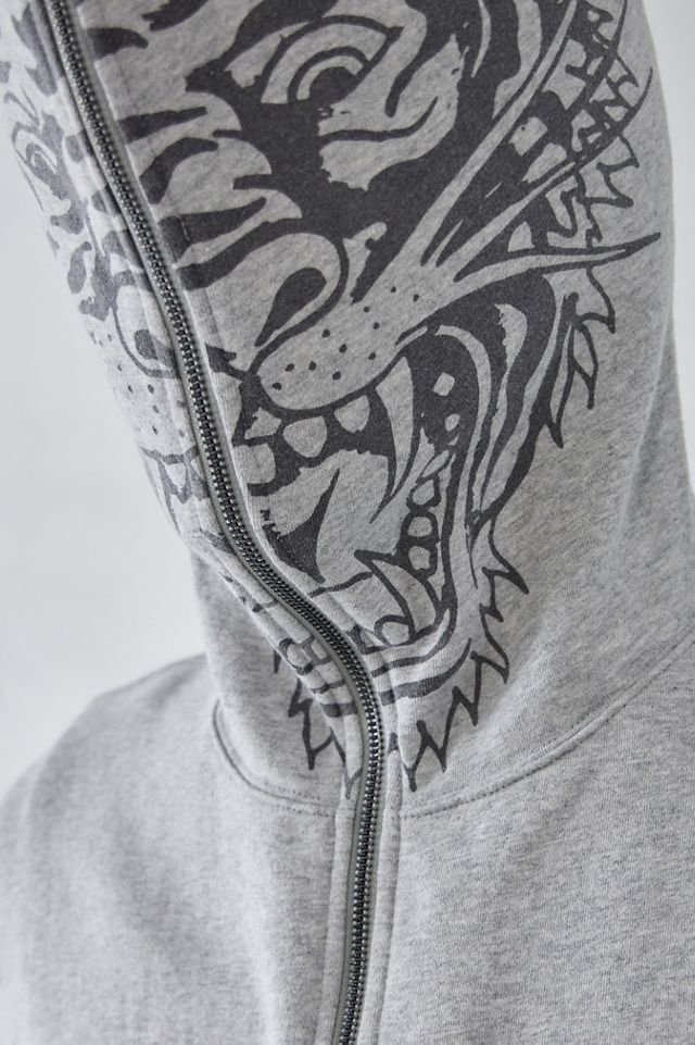 Ed Hardy UO Exclusive Grey Marl Tiger Face Zip-Through Hoodie #4