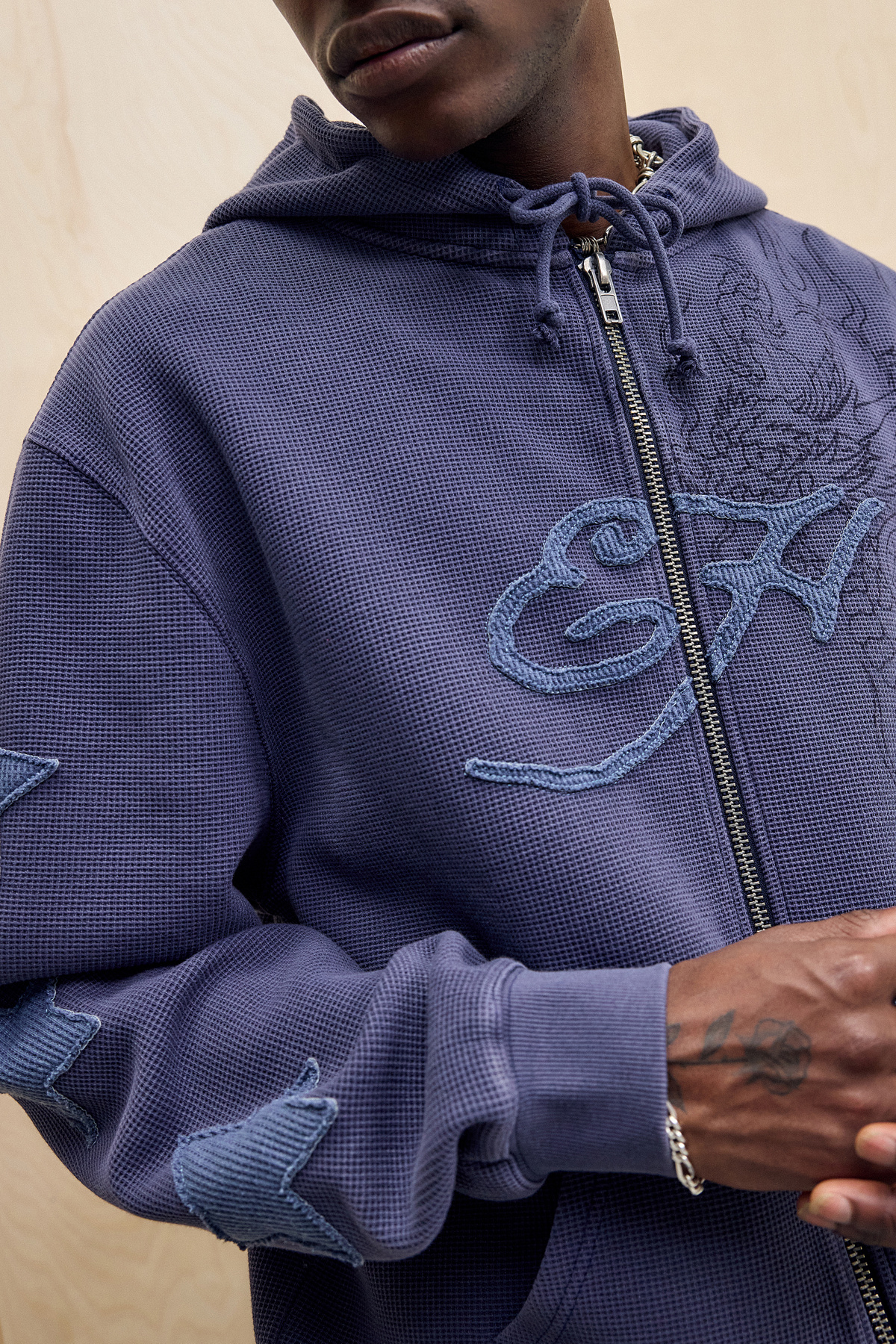 Ed Hardy UO Exclusive Navy Waffle Zip-Through Hoodie