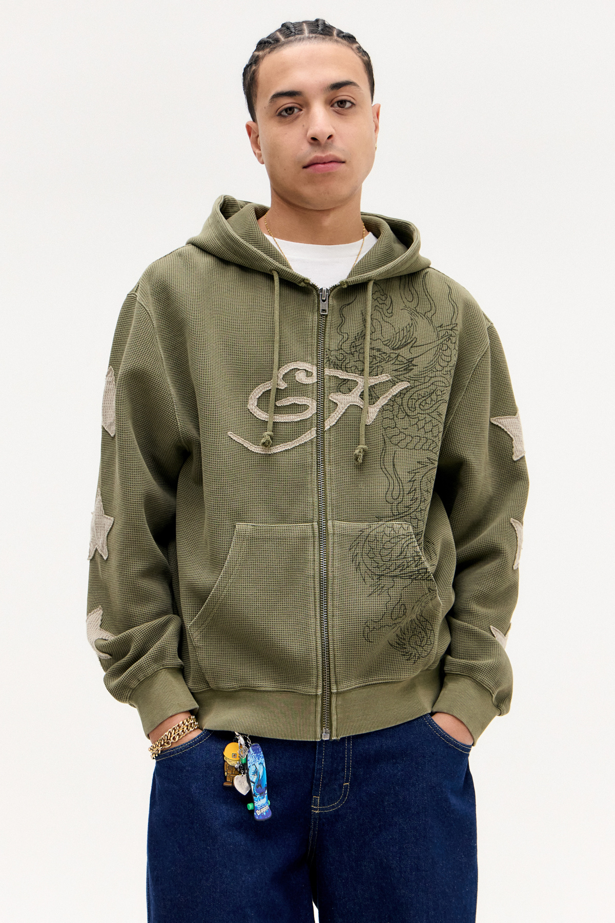 Ed Hardy UO Exclusive Khaki Waffle Zip-Through Hoodie
