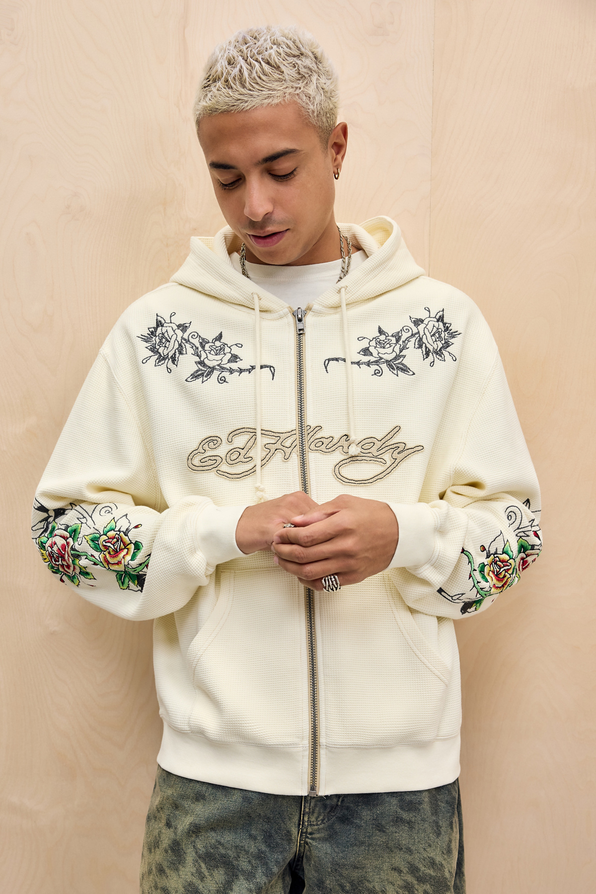 Ed Hardy UO Exclusive Ecru Rose Waffle Hoodie