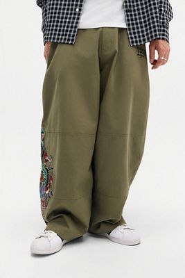 Ed Hardy UO Exclusive Green Embroidered Ripstop Cargo Trousers
