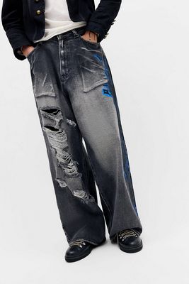 Jeans Colossus Rasgados XL Jaded London Negro con Aerógrafo de Picos