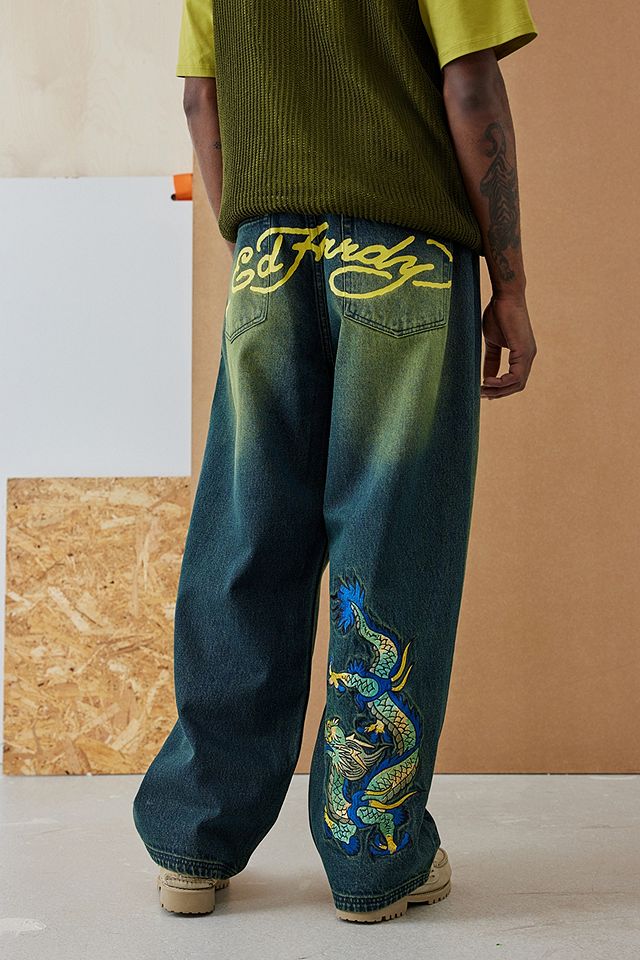 Ed Hardy UO Exclusive Blue Tint Denim Dragon Jeans