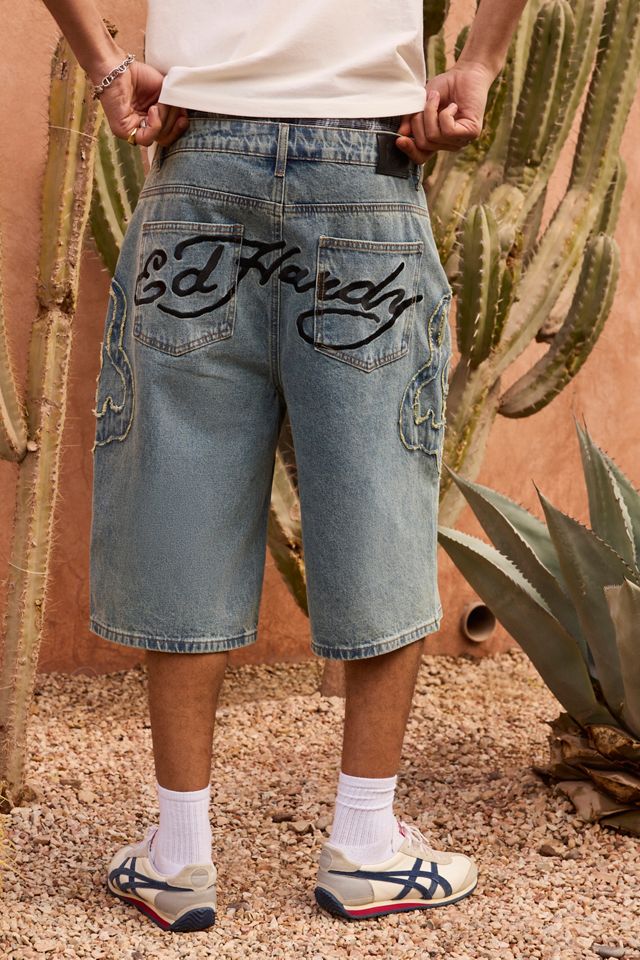 Ed Hardy UO Exklusive Shorts mit blauer Flammenapplikation #1