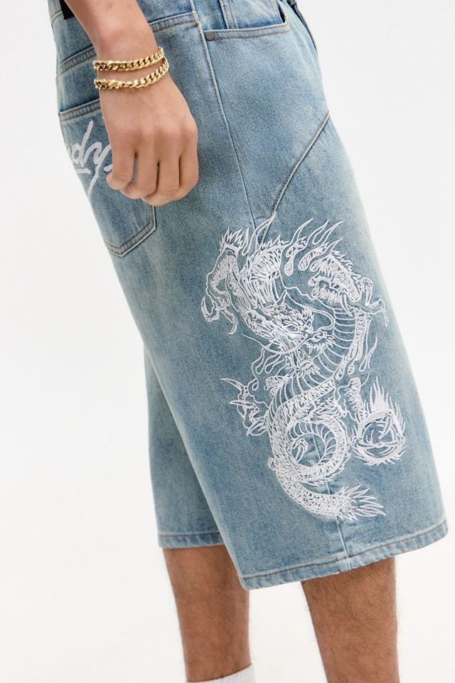 Ed Hardy UO Exclusive Mid Blue Panelling Jorts #3