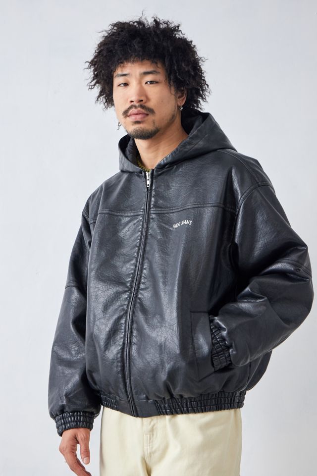 Fake leather jacket with cheap hood