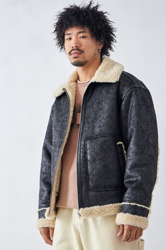BDG Faux Leather Sheepskin Aviator Jacket Urban Outfitters UK