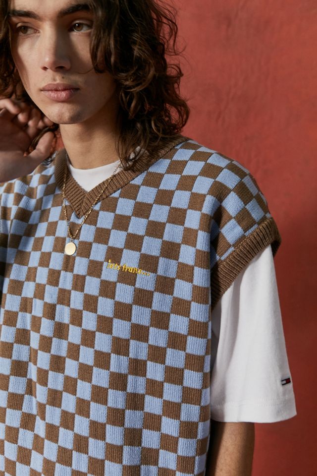 iets frans... Gilet a maglia marrone e blu a quadri #1