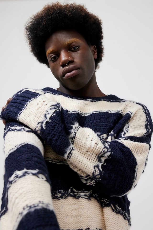 BDG Navy & Ecru Stripe Distressed Knit Jumper #4