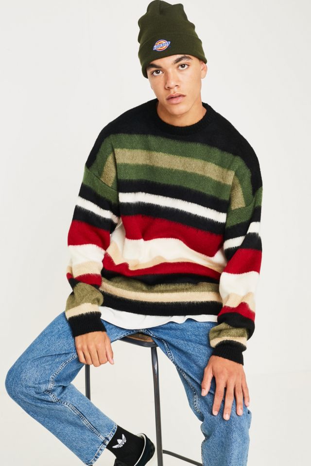 UO Brushed Stripe Red, White and Green Knit Jumper | Urban Outfitters UK