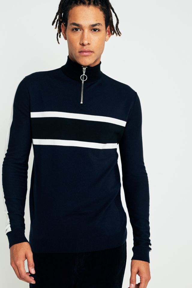 Loom Navy Taped Placement Half-Zip Mock Neck Jumper | Urban Outfitters UK