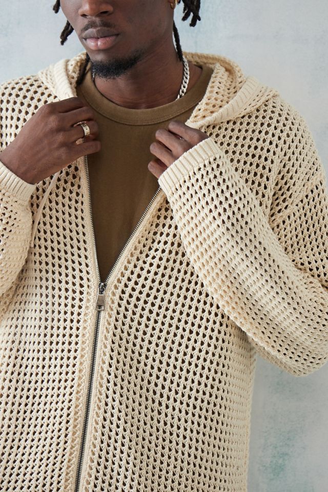 BDG Ecru Fishnet Knit Zip-Through Hoodie  #1