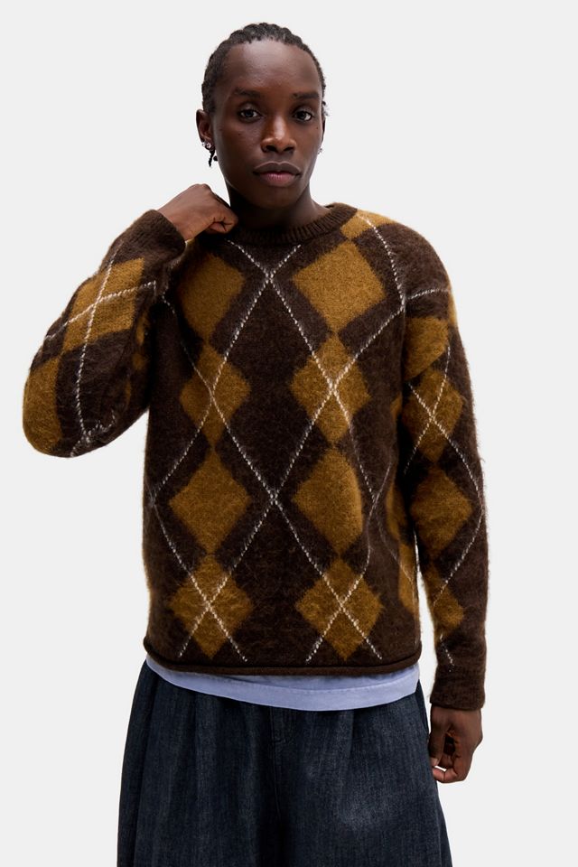 Pull en tricot brossé à motif argyle brun Loom #1