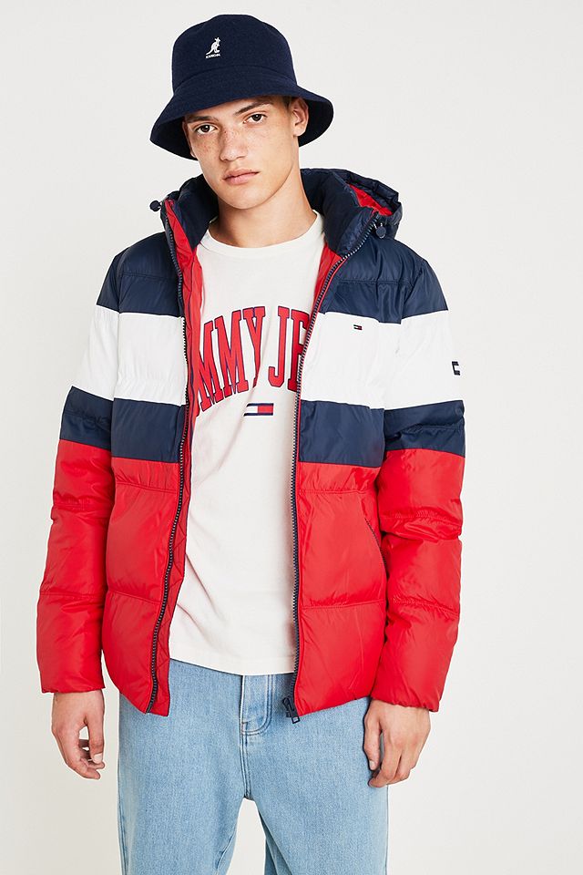 Tommy Jeans Rugby Stripe Red Puffer Jacket | Urban Outfitters UK