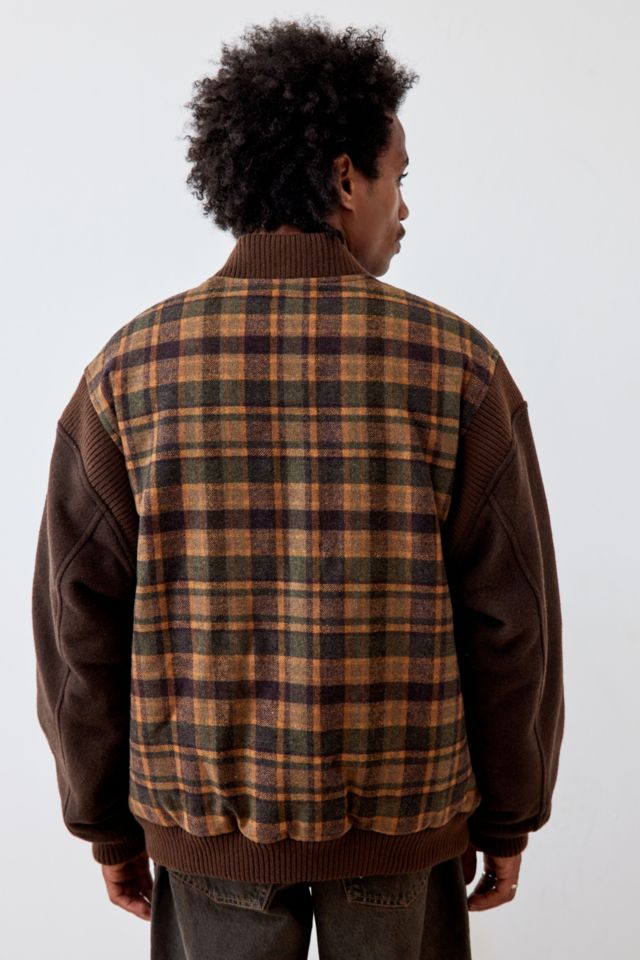 Boxy Checkerboard Melton Pu Varsity Jacket