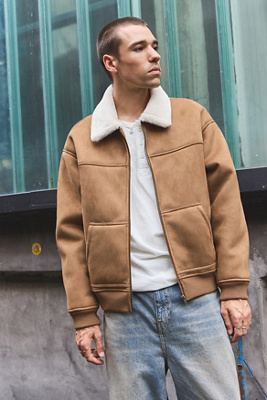 BDG Tan Michi Faux Shearling Collar Jacket - Honey L at Urban Outfitters