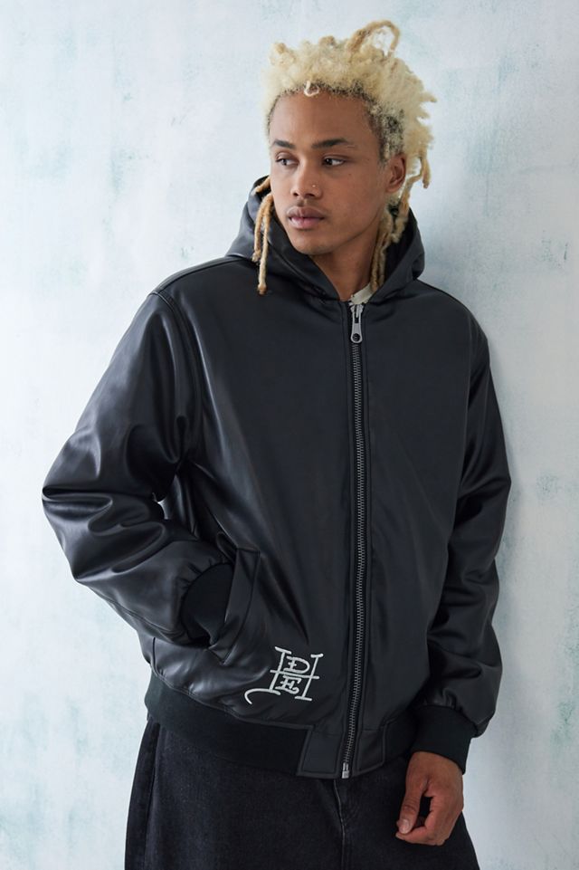 Ed Hardy UO Exclusive Black PU Hooded Bomber Jacket  #4