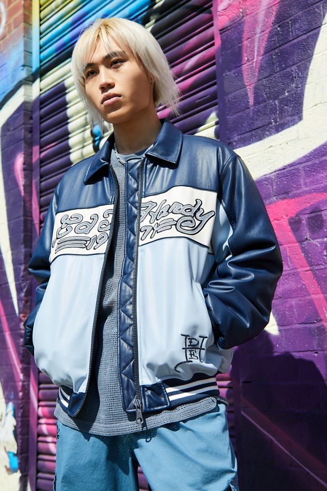Ed Hardy UO Exclusive Navy Blue PU Bomber Jacket #1