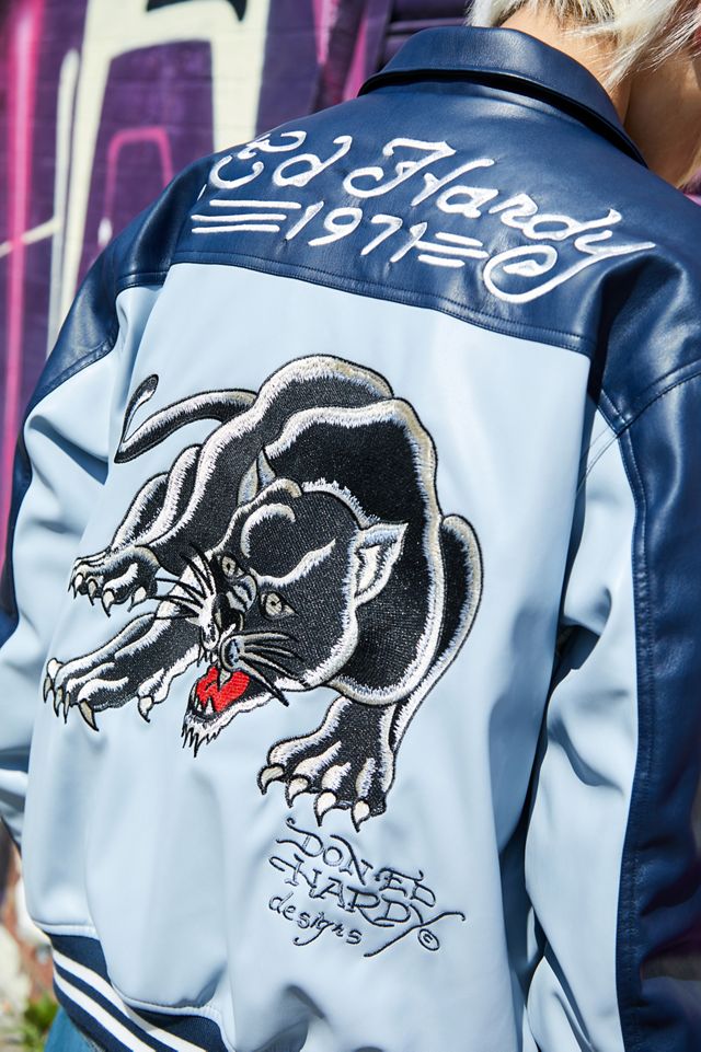 Ed Hardy UO Exclusive Navy Blue PU Bomber Jacket #2