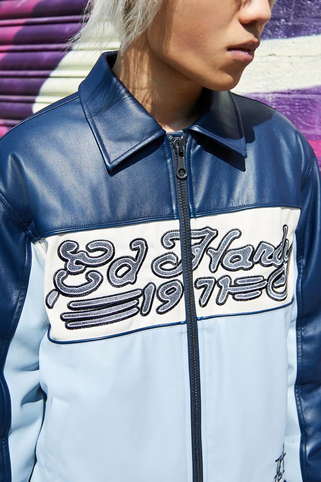 Ed Hardy UO Exclusive Navy Blue PU Bomber Jacket #3