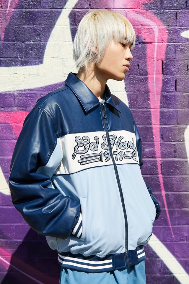 Ed Hardy UO Exclusive Navy Blue PU Bomber Jacket #4