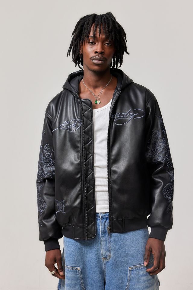 Hooded faux leather bomber jacket best sale