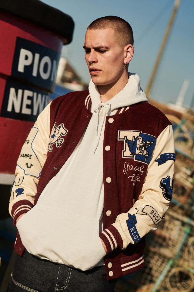 True Religion Spliced Burgundy Varsity Jacket | Urban Outfitters UK