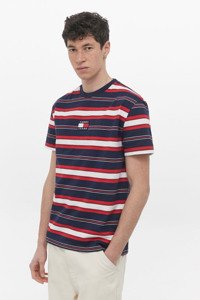 Tommy Jeans – Gestreiftes T-Shirt in Marineblau mit Logo  #2