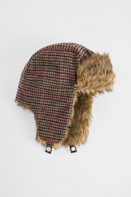 Gorro Trampero de Piel Sintética a Cuadros Marrón UO