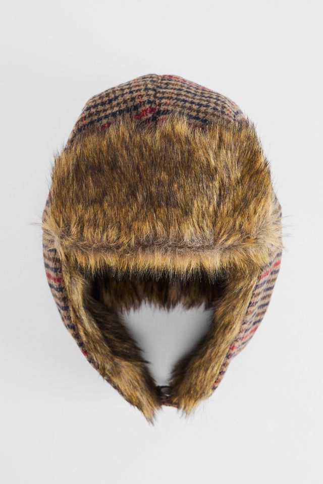 UO Check Brown Faux Fur Trapper Hat #4