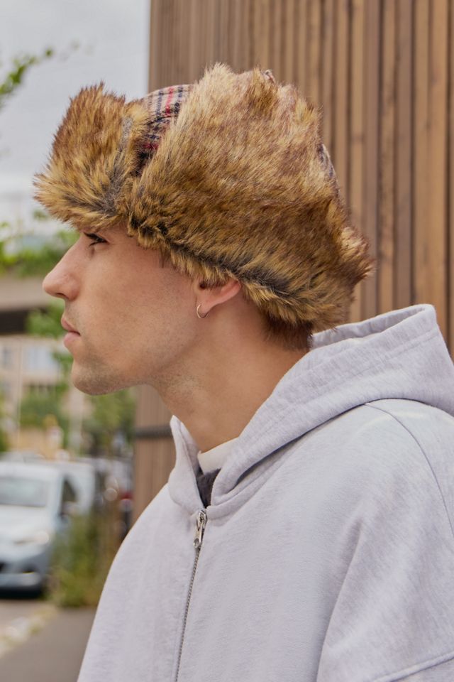 UO Check Brown Faux Fur Trapper Hat #2